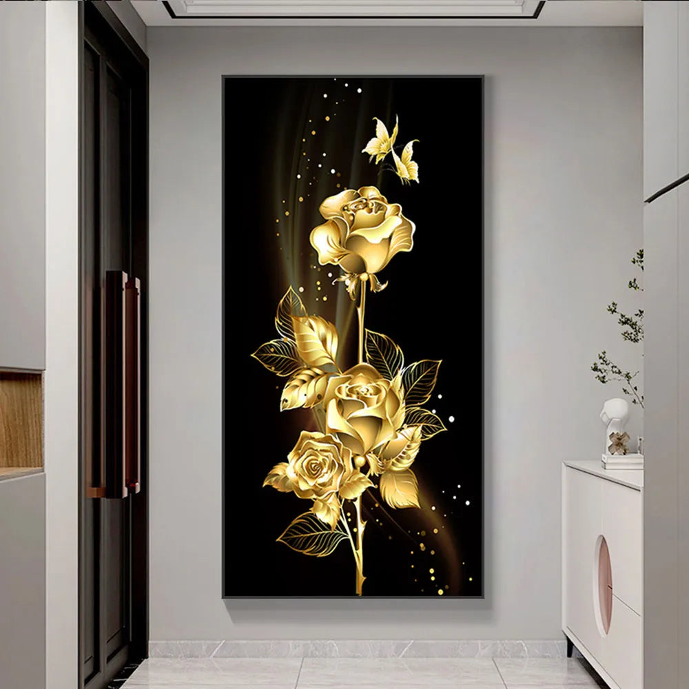 1pc Light Luxury Black Gold Rose and Butterfly Canvas Painting - Wall Art Decor - Living Room and Bedroom Poster