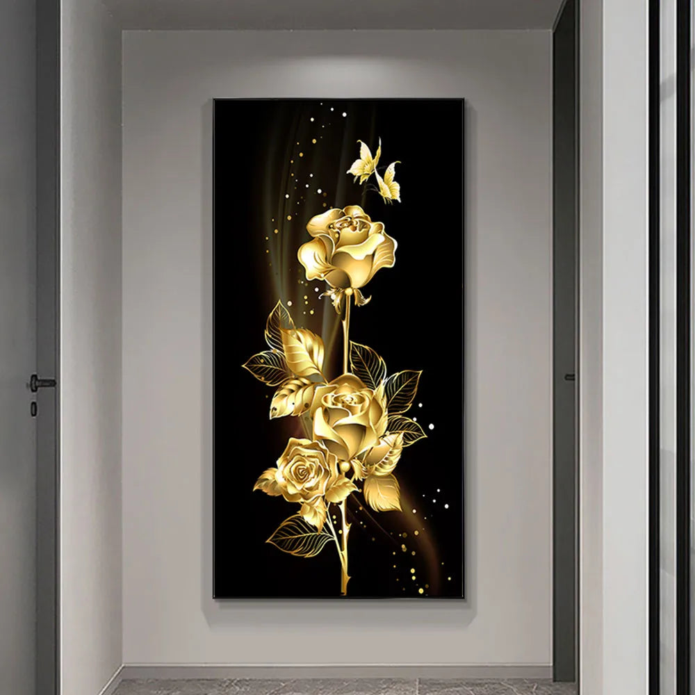 1pc Light Luxury Black Gold Rose and Butterfly Canvas Painting - Wall Art Decor - Living Room and Bedroom Poster
