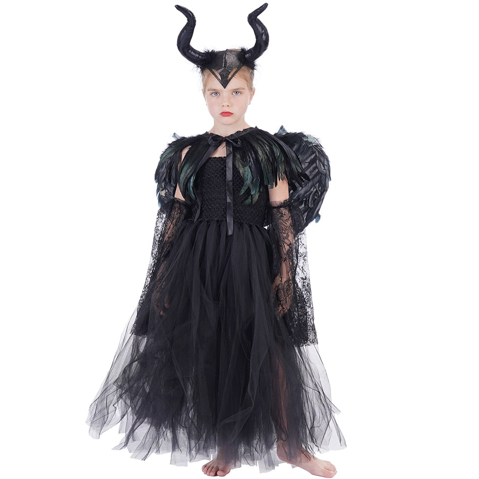 Deluxe Witch Halloween Costume for girls - Glam Gown with Feather Shawl - Girls' Fancy Dress as the Demon Queen Witch - Tutu Dress Collection
