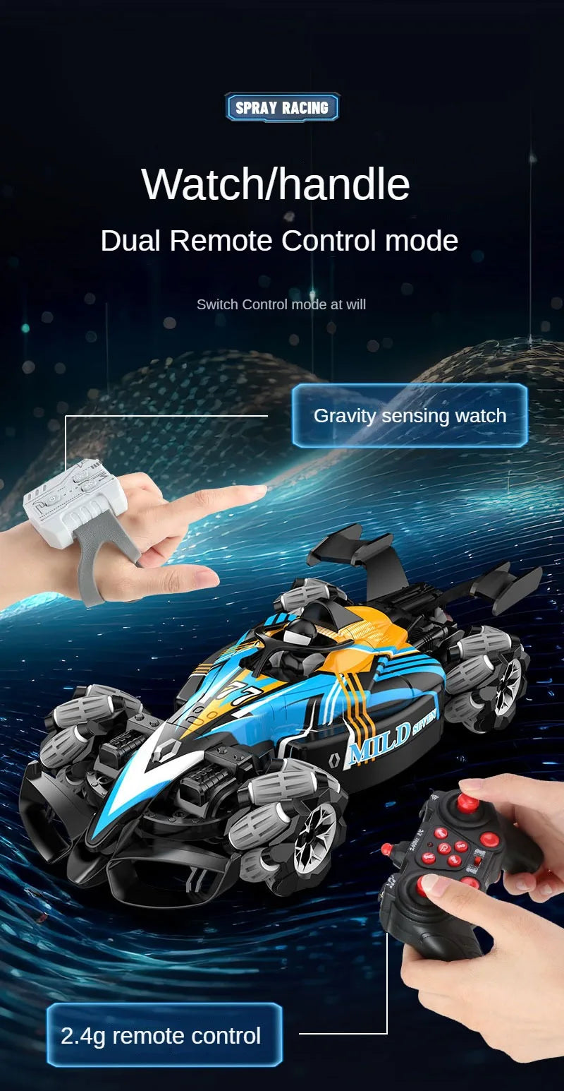 RC Drift Car with Music, LED Lights, and 2.4G Gesture Remote Control - 4WD Electric Stunt Car for Children, F2 Spray Radio Control Toy