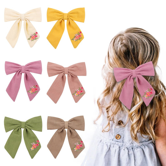 Cute Infant Spring Summer Hair Accessories - Baby Girls' Big Bows Hairclip Collection in Embroidered Cotton Linen Barrettes